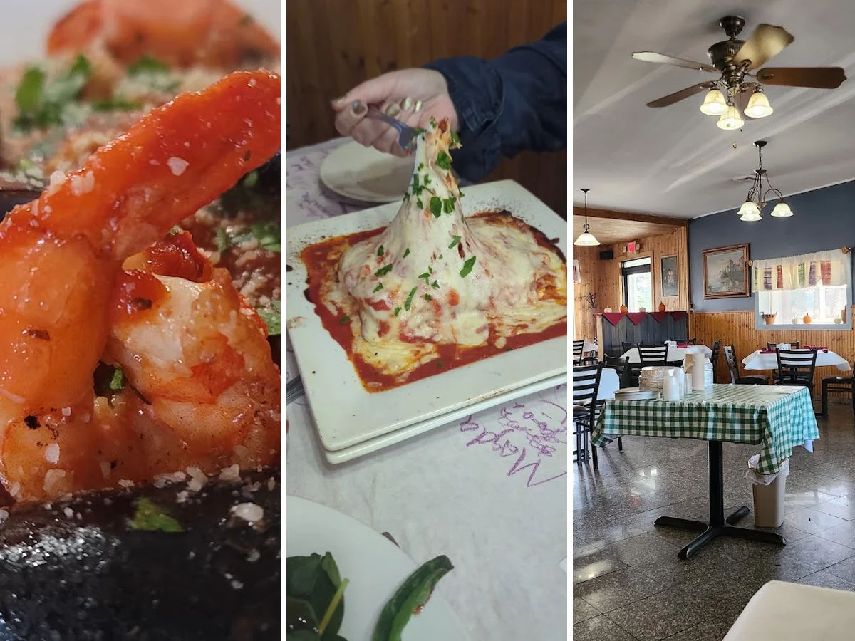 Pizza and pasta dishes on casual restaurant tables.