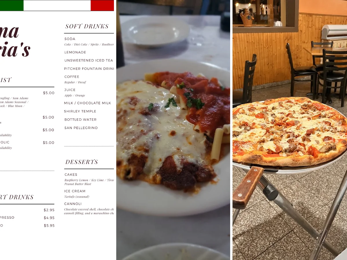 Pizza and pasta dishes on casual restaurant tables.