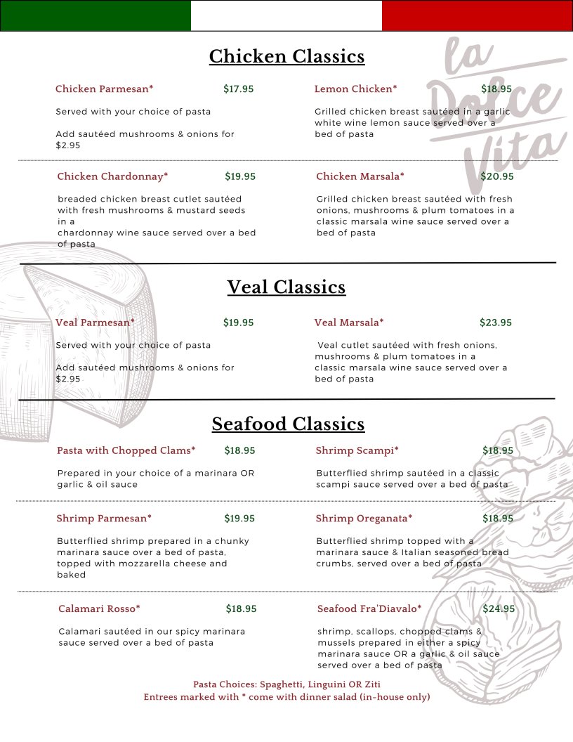 Printed menu with pizza, calzone, and stromboli sections.