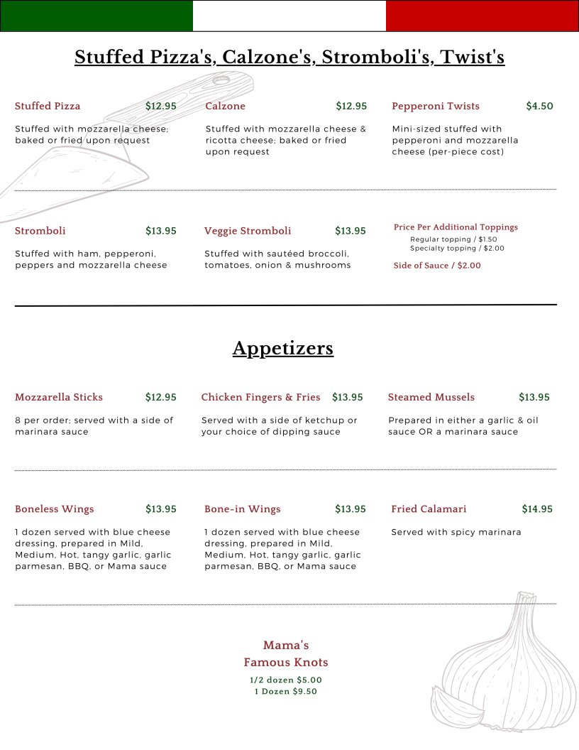 Italian menu pages with appetizers and entrees.